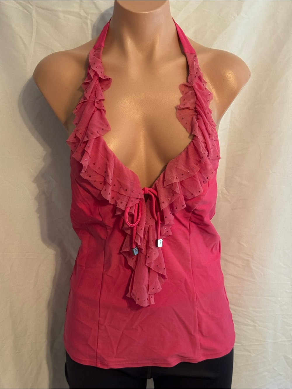 Hot Pink Halter Tie Top with Ruffle and Sparkle Bodice Detail